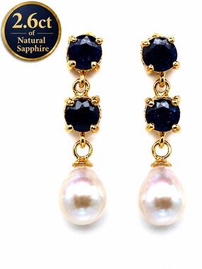 Sapphire & Pearl Earrings 14k yellow Gold Electroplated on 925